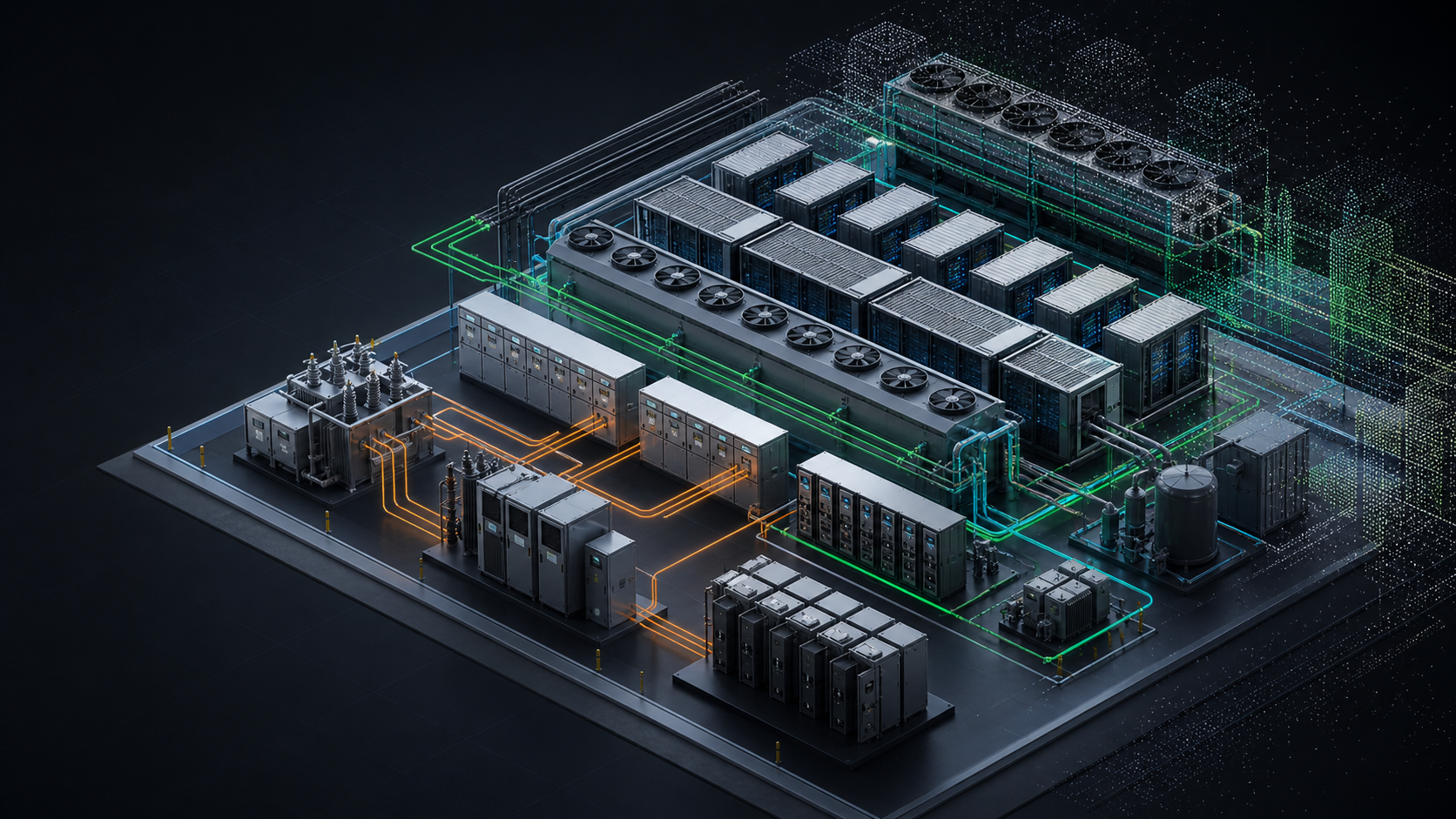 Concept visualization of modular data center power, cooling and compute systems